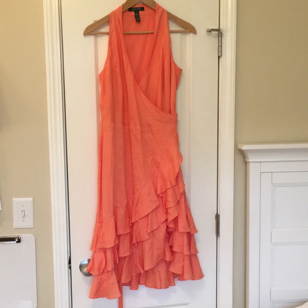 Ralph Lauren Linen True Wrap Dress Size 2 Coral